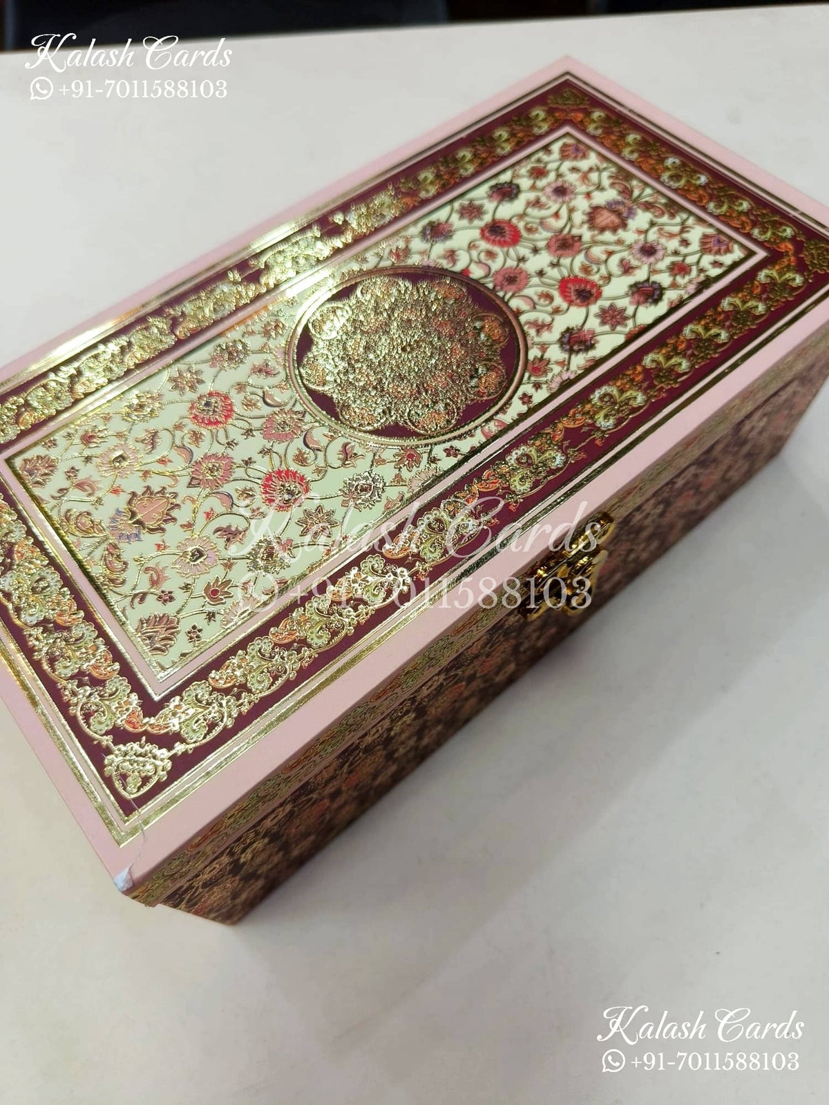 KL9010 Door Style Velvet Fabric Hardboard Padding Thick Luxury Wedding Card with 2 Card Inserts, 1 Envelope and Acrylic Mirror with Couple Names-Kalash Cards
