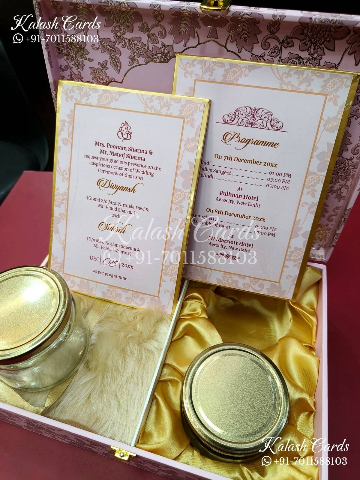 KL9014 Velvet Fabric Hardboard Padding Thick Luxury Wedding Card with 2 Card Inserts, 1 Envelope and Couple Names Laser-Kalash Cards