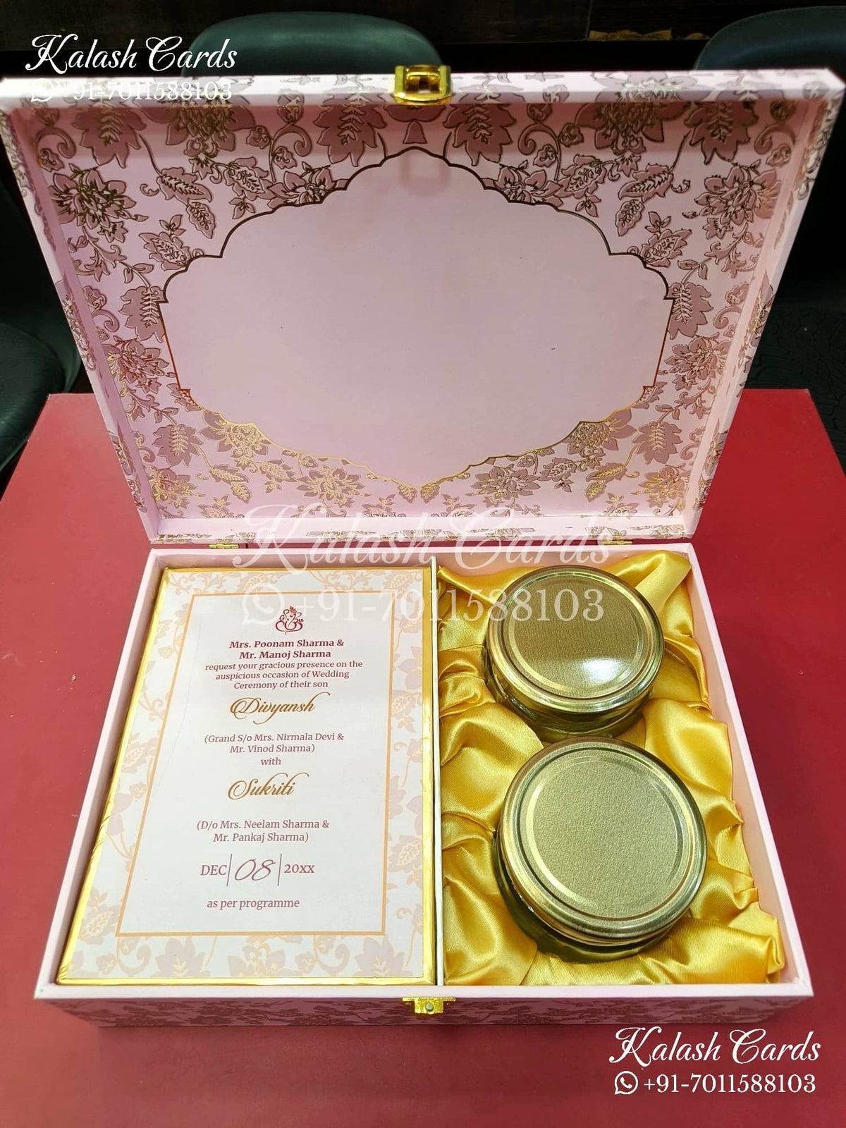 KL9014 Velvet Fabric Hardboard Padding Thick Luxury Wedding Card with 2 Card Inserts, 1 Envelope and Couple Names Laser-Kalash Cards