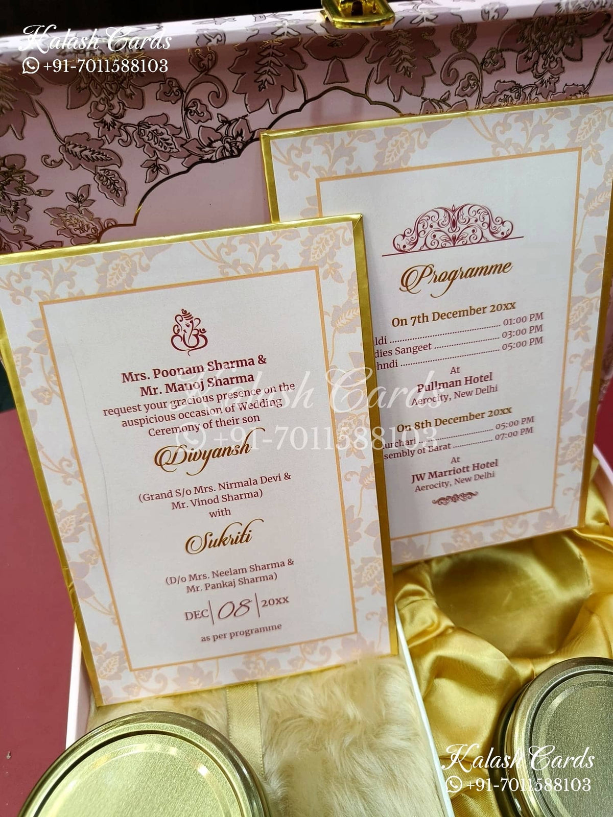 KL9014 Velvet Fabric Hardboard Padding Thick Luxury Wedding Card with 2 Card Inserts, 1 Envelope and Couple Names Laser-Kalash Cards