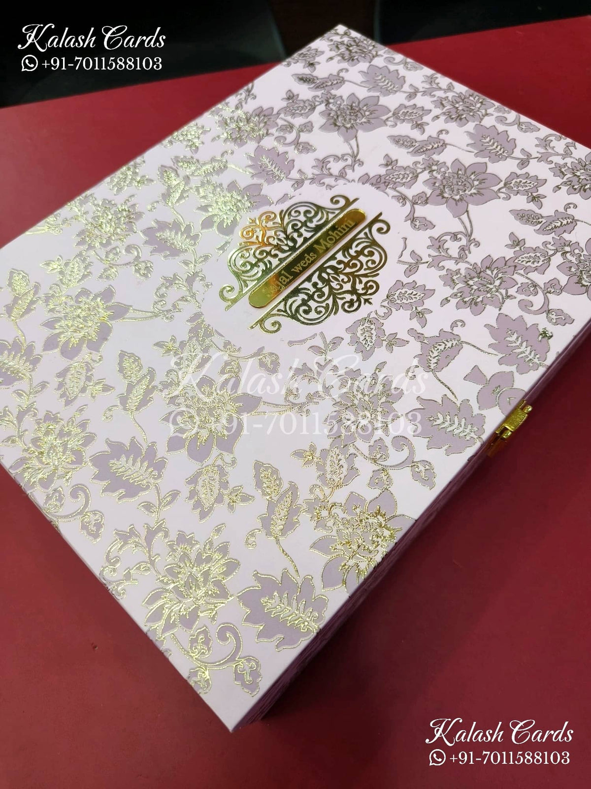 KL9014 Velvet Fabric Hardboard Padding Thick Luxury Wedding Card with 2 Card Inserts, 1 Envelope and Couple Names Laser-Kalash Cards