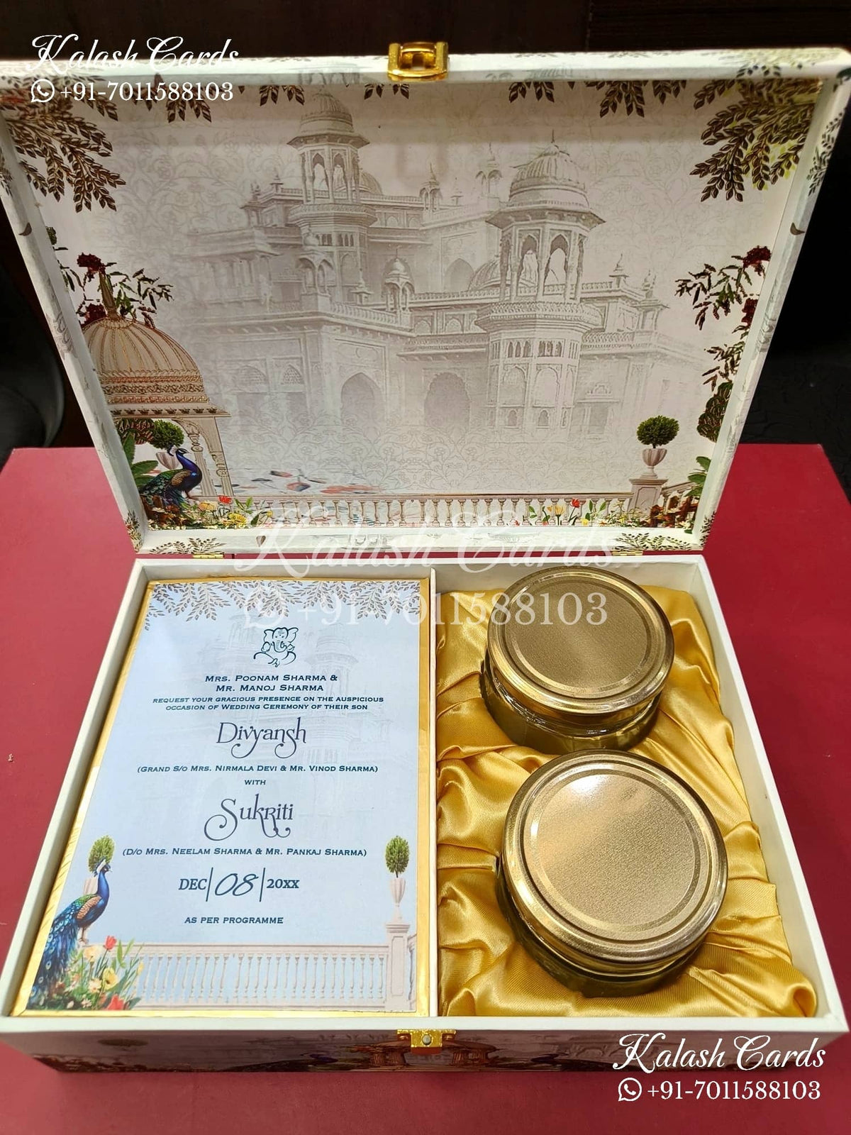 KL9015 Velvet Fabric Hardboard Padding Thick Luxury Wedding Card with 2 Printed Card Inserts, 1 Envelope and Acrylic Mirror with Couple Names-Kalash Cards