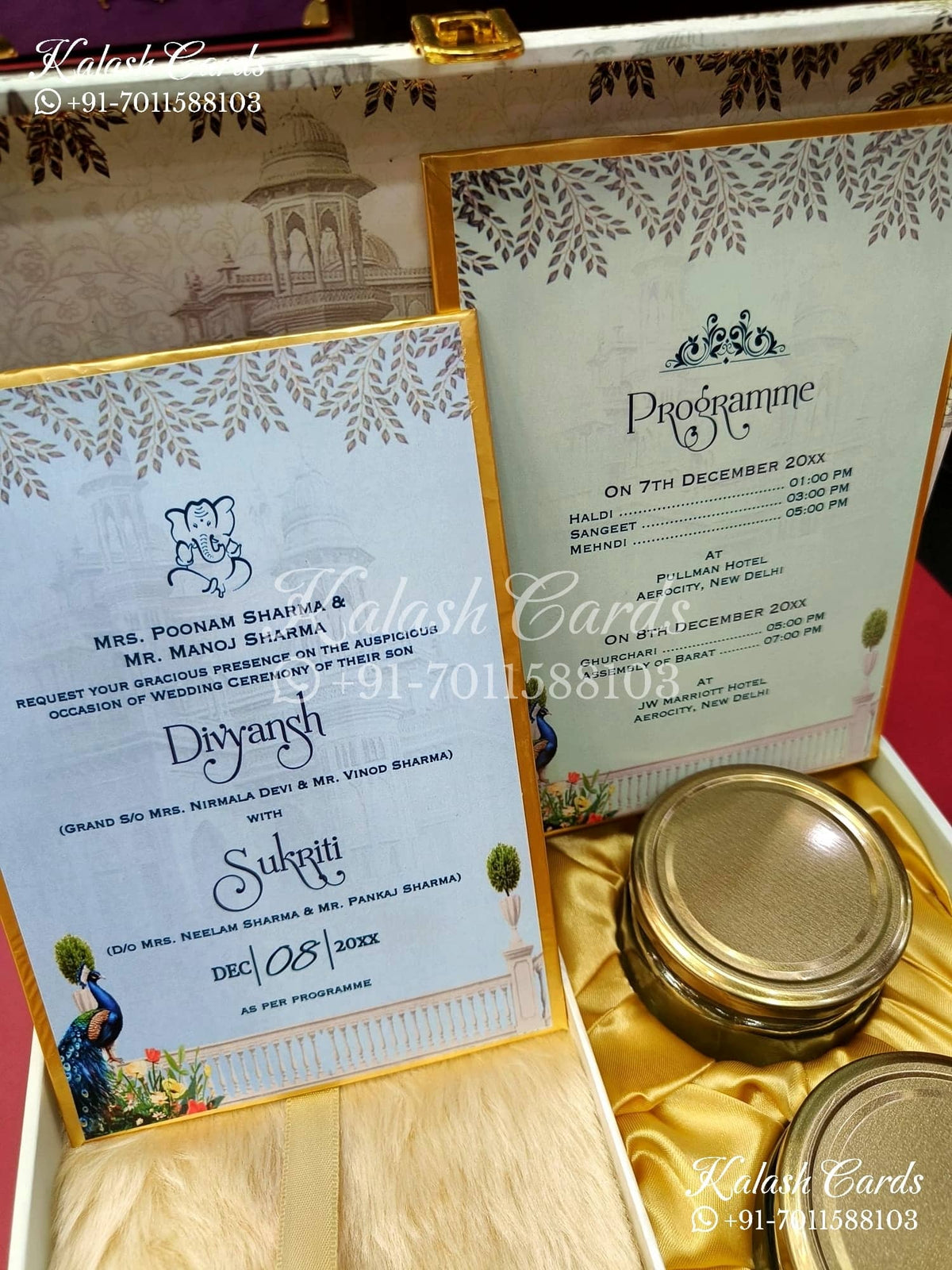 KL9015 Velvet Fabric Hardboard Padding Thick Luxury Wedding Card with 2 Printed Card Inserts, 1 Envelope and Acrylic Mirror with Couple Names-Kalash Cards