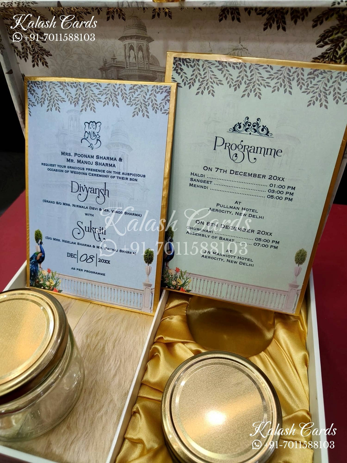 KL9015 Velvet Fabric Hardboard Padding Thick Luxury Wedding Card with 2 Printed Card Inserts, 1 Envelope and Acrylic Mirror with Couple Names-Kalash Cards
