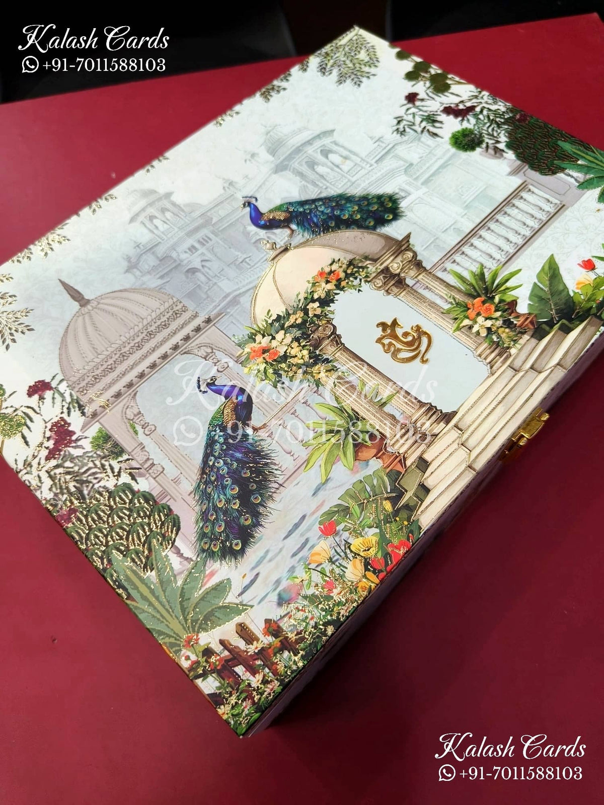 KL9015 Velvet Fabric Hardboard Padding Thick Luxury Wedding Card with 2 Printed Card Inserts, 1 Envelope and Acrylic Mirror with Couple Names-Kalash Cards