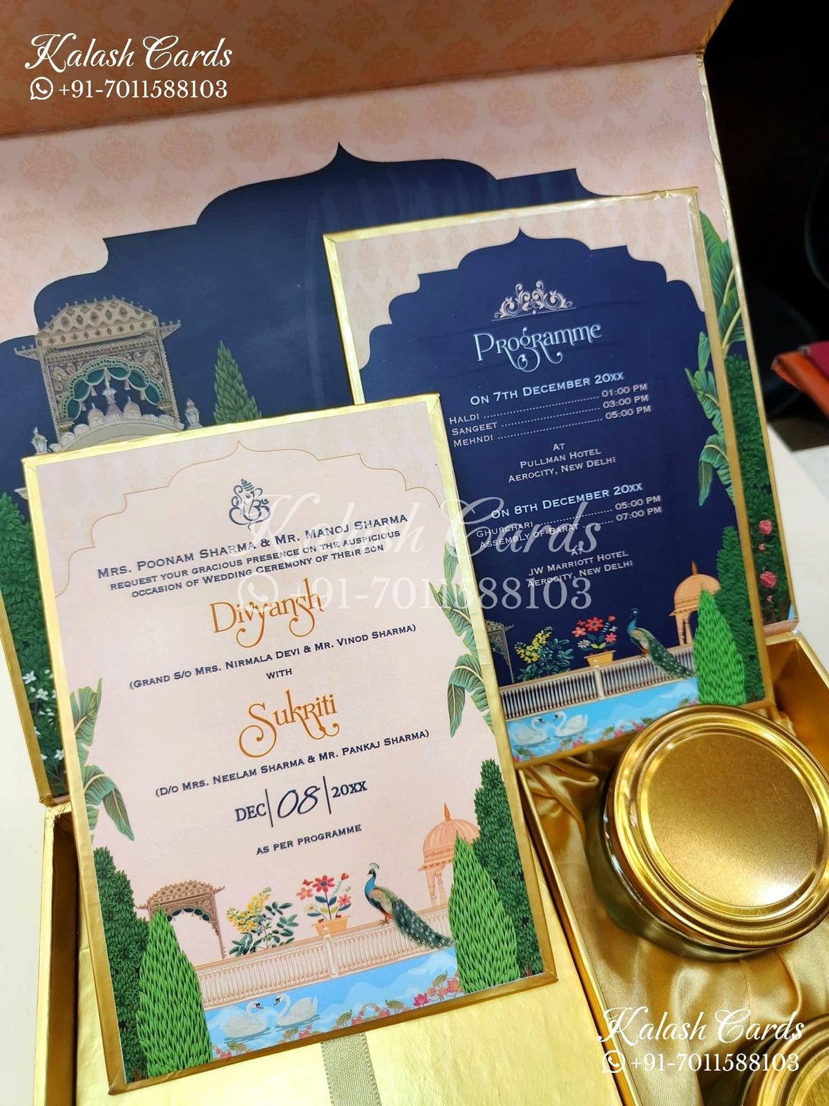 KL9016 Velvet Fabric Hardboard Padding Thick Luxury Wedding Card with 2 Card Inserts, 1 Envelope and Couple Initial Laser-Kalash Cards