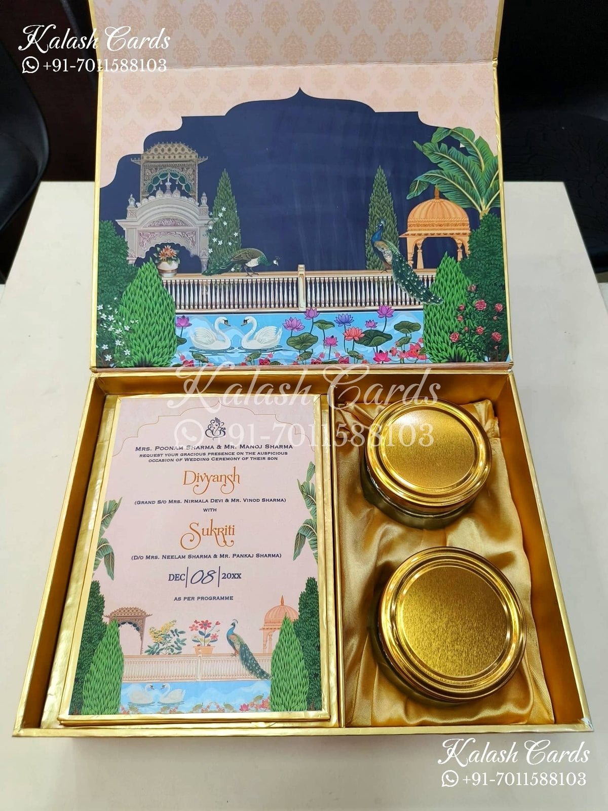 KL9016 Velvet Fabric Hardboard Padding Thick Luxury Wedding Card with 2 Card Inserts, 1 Envelope and Couple Initial Laser-Kalash Cards