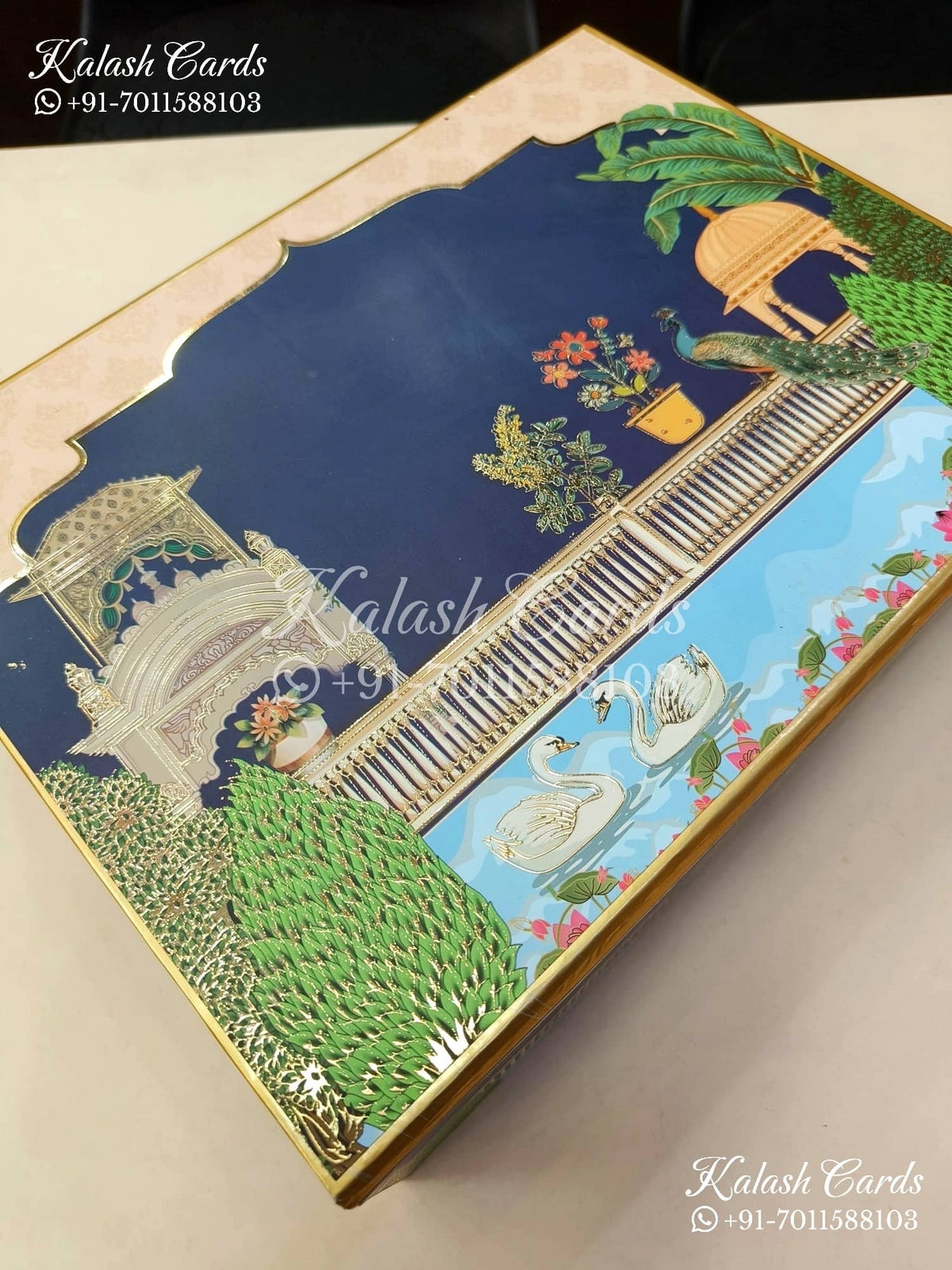 KL9016 Velvet Fabric Hardboard Padding Thick Luxury Wedding Card with 2 Card Inserts, 1 Envelope and Couple Initial Laser-Kalash Cards