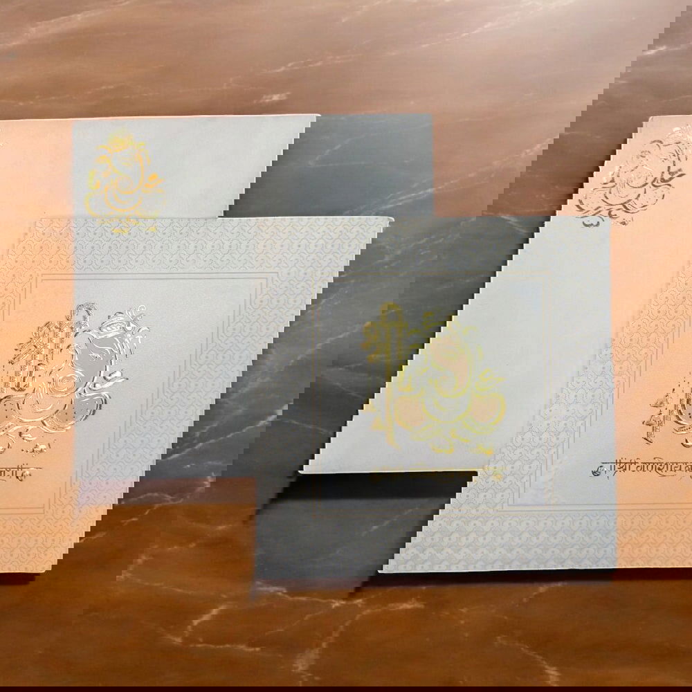 KL0114 Ganesh Design Embossed Paper Weding Card with 2 Inserts and Envelope - Kalash Cards