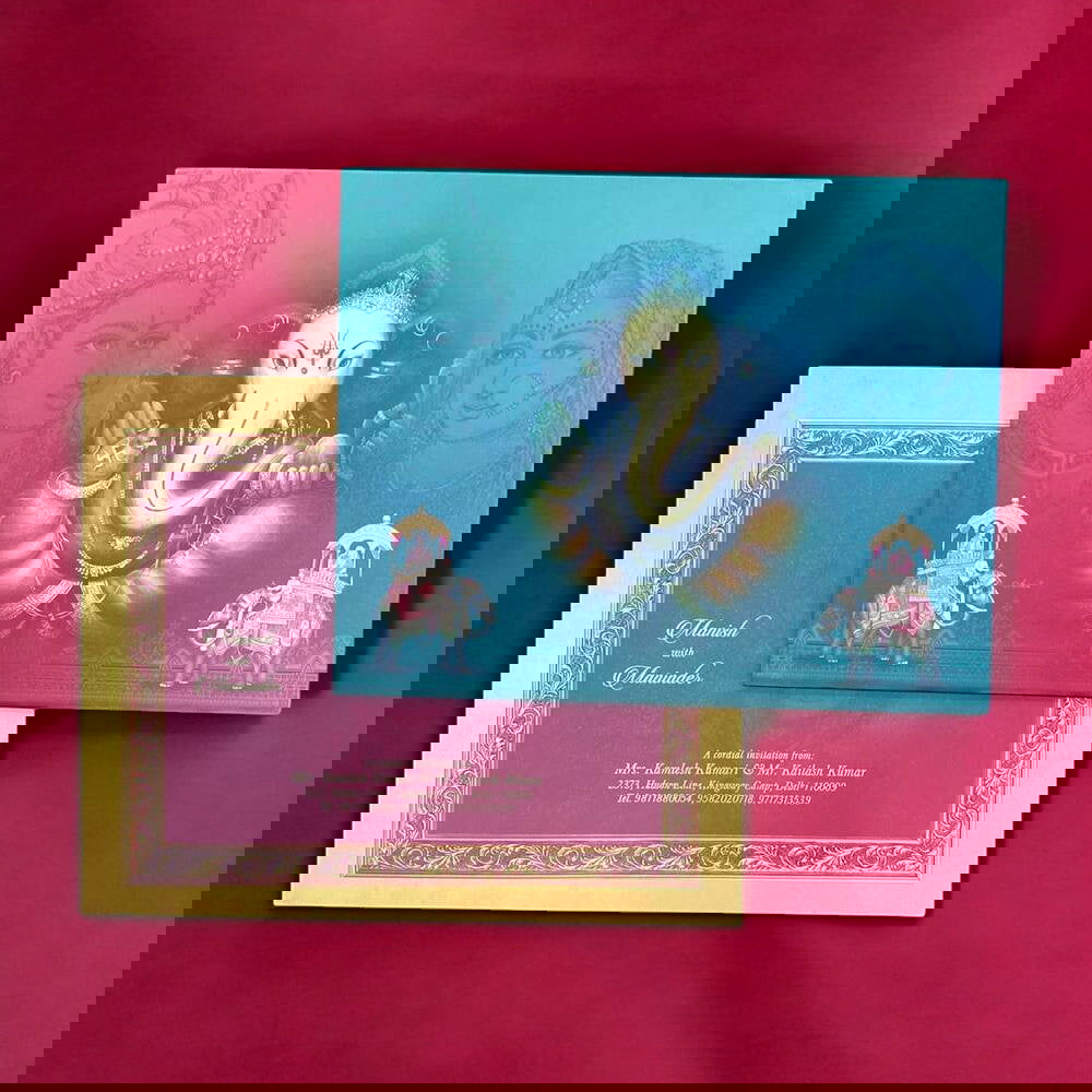 KL0221 Hindu Traditional Ganesh Design Hardbound Padding Thick Wedding Card with 2 Inserts and Envelope - Kalash Cards