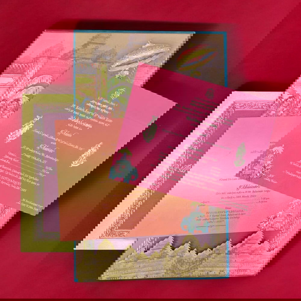 KL0221 Hindu Traditional Ganesh Design Hardbound Padding Thick Wedding Card with 2 Inserts and Envelope - Kalash Cards