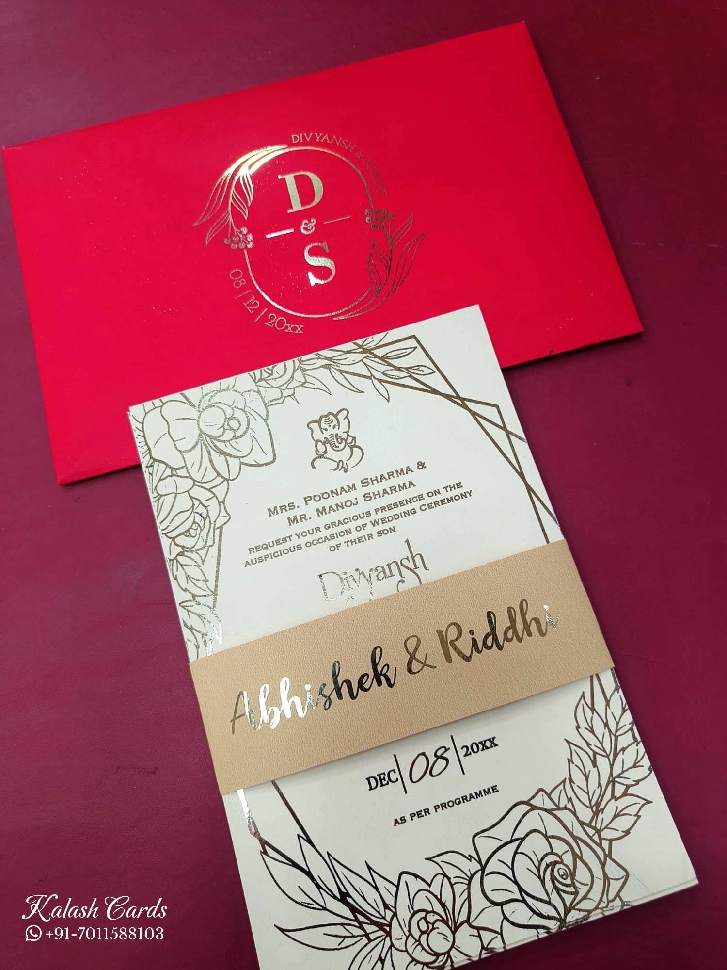 KL1051-1 Floral Border Gold Leaf Premium Wedding Card (2 Page)