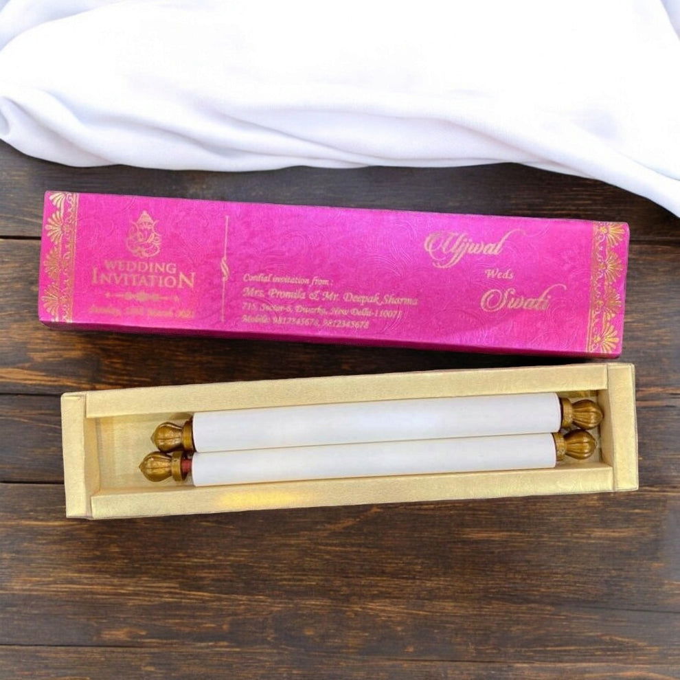 KL12 Satin Fabric Scroll Wedding Card - Kalash Cards