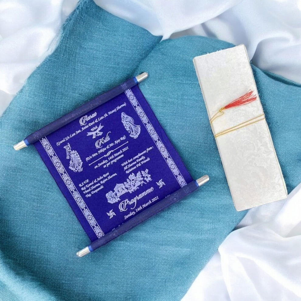 KL16 Velvet Fabric Scroll Wedding Card with Box - Kalash Cards