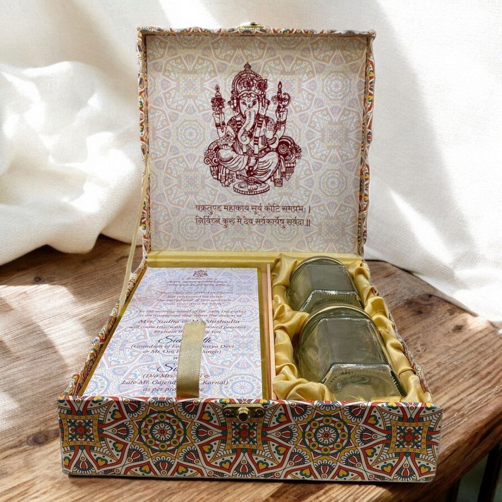 KL2044S1B Royal Pattern MDF Luxury Wedding Gift Box with 2 Printed Card Inserts (2 Jars) - Kalash Cards