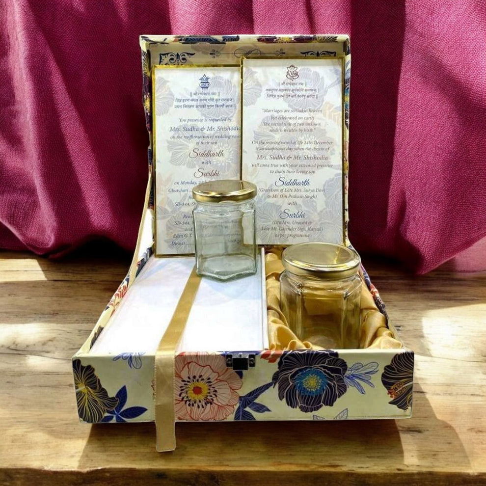 KL2061S1B Floral Design MDF Dry Fruit Gift Box with 2 Card Inserts (2 Jars) - Kalash Cards