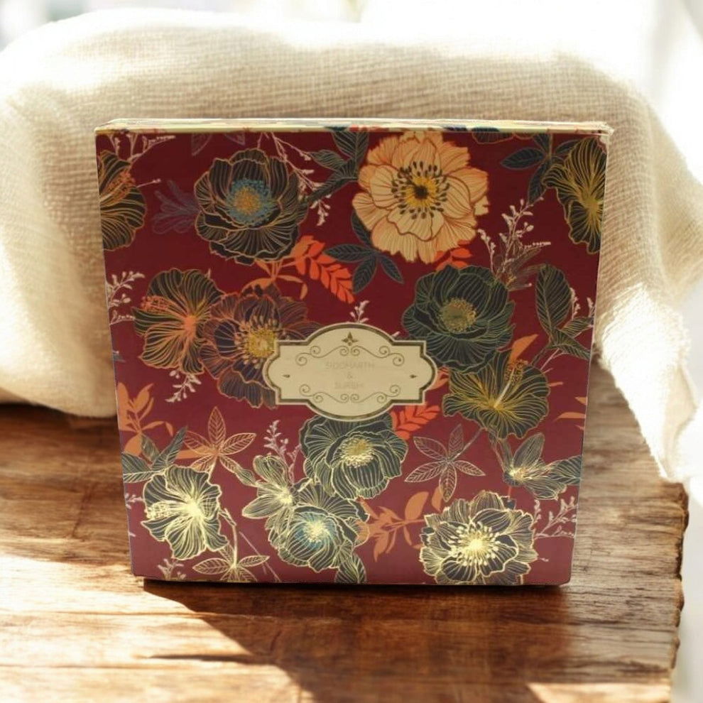 KL2061S2B Gold Foil Floral Print MDF Dry Fruit Gift Box with 2 Printed Card Inserts (2 Jars) - Kalash Cards