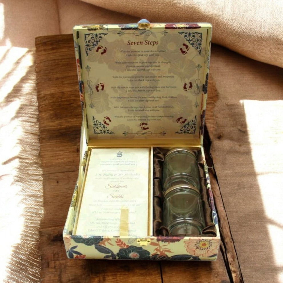 KL2061S2B Gold Foil Floral Print MDF Dry Fruit Gift Box with 2 Printed Card Inserts (2 Jars) - Kalash Cards