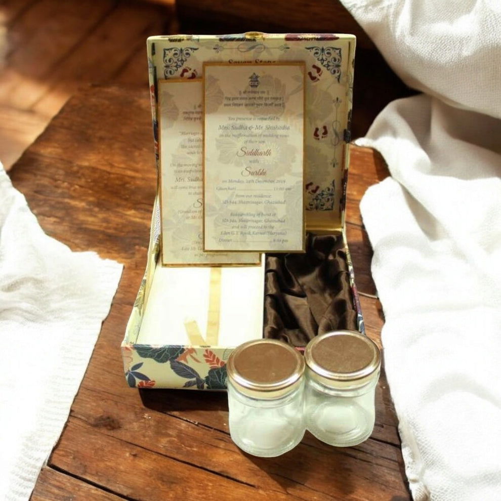 KL2061S2B Gold Foil Floral Print MDF Dry Fruit Gift Box with 2 Printed Card Inserts (2 Jars) - Kalash Cards