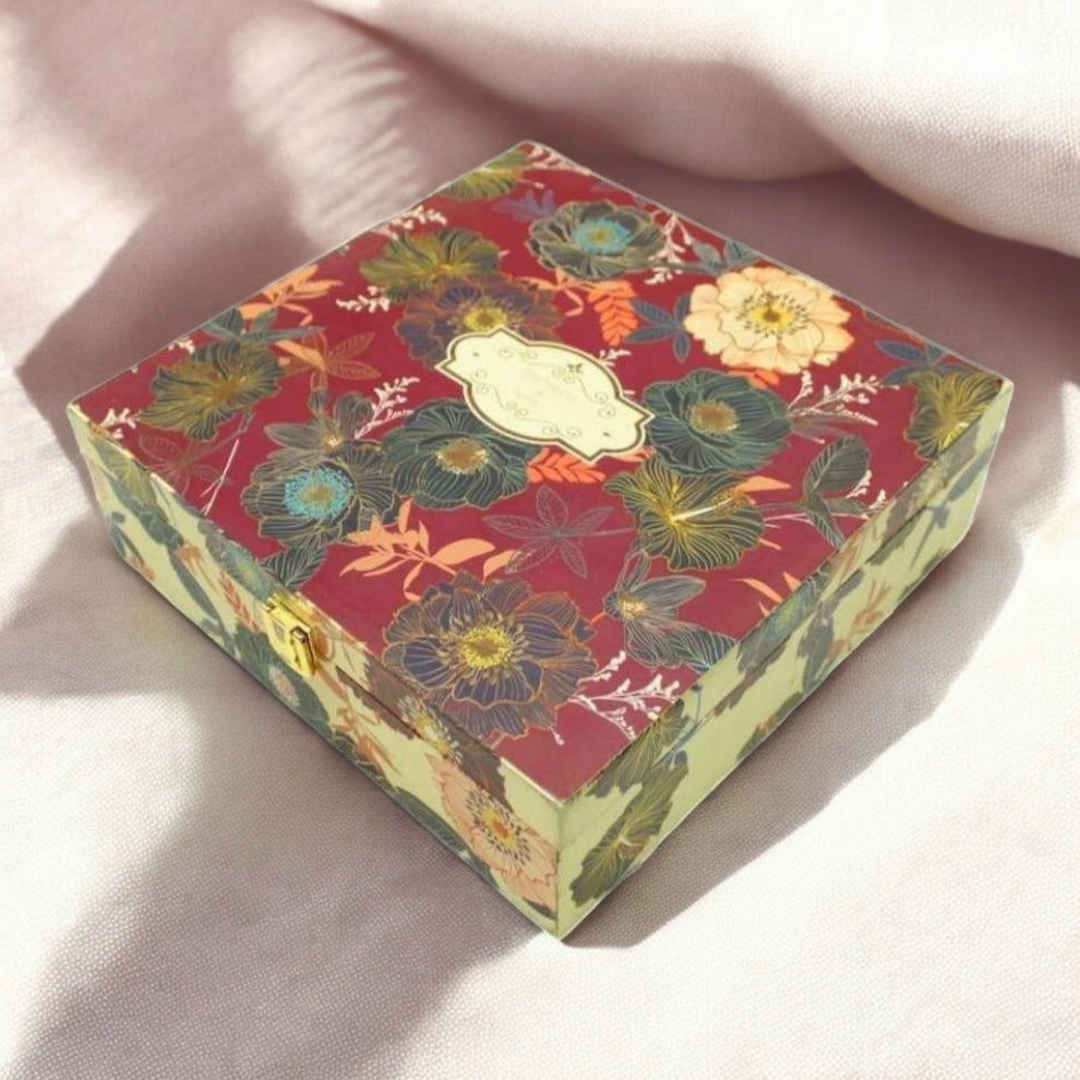 KL2061S2B Gold Foil Floral Print MDF Dry Fruit Gift Box with 2 Printed Card Inserts (2 Jars) - Kalash Cards