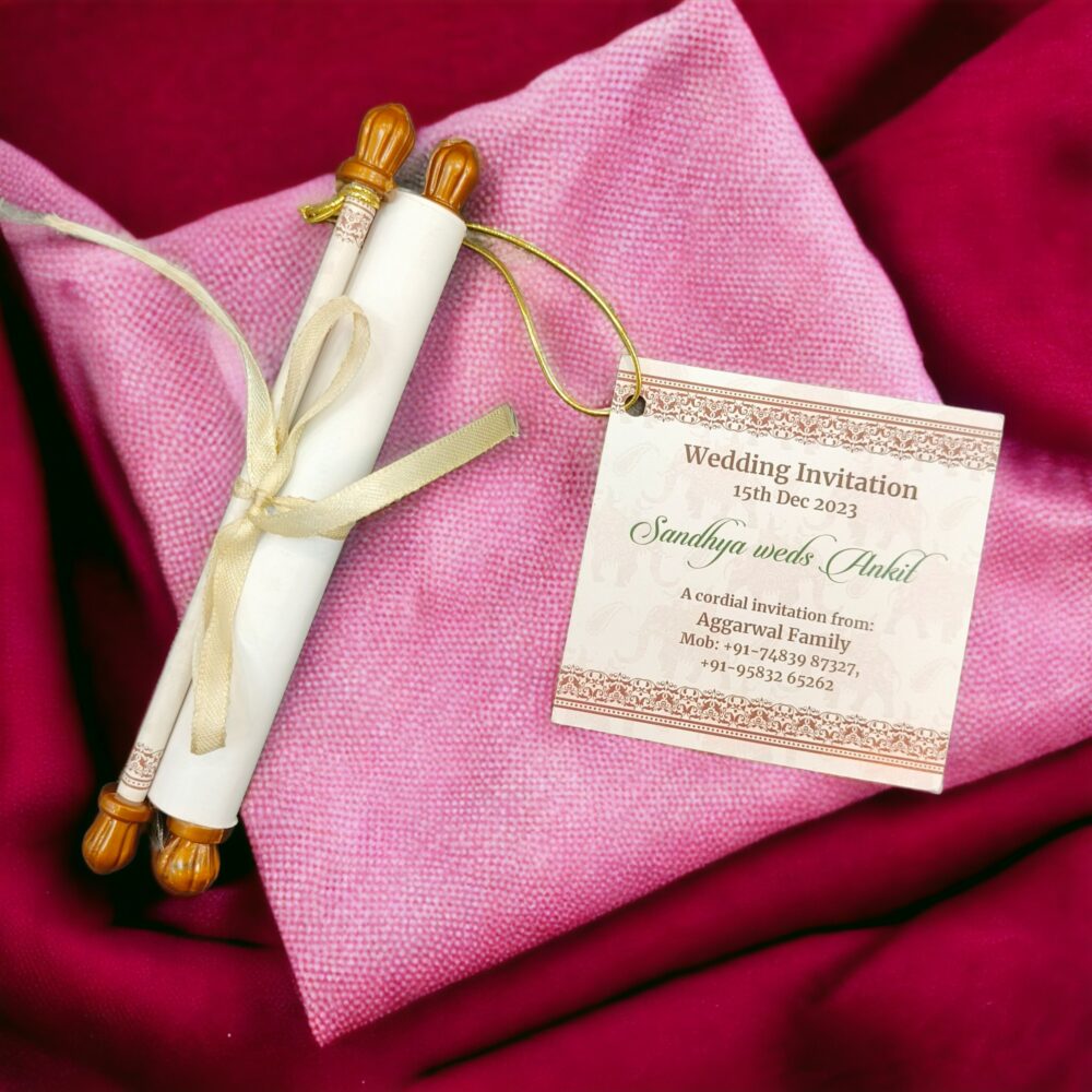 KL2063 Paper Scroll Wedding Card with Tag - Kalash Cards