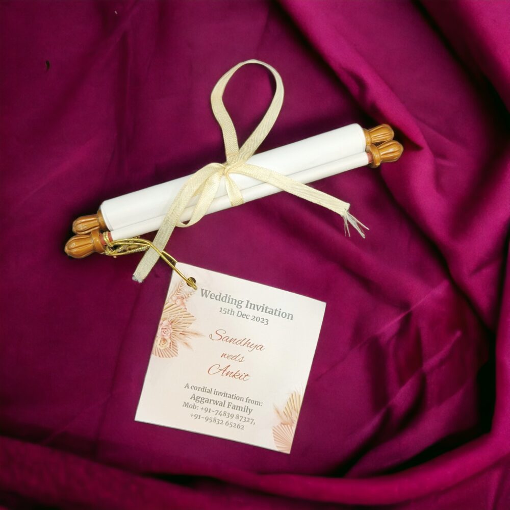 KL2090 Paper Scroll Wedding Card with Tag - Kalash Cards