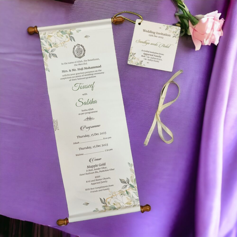 KL2094 Paper Scroll Wedding Card with Tag - Kalash Cards
