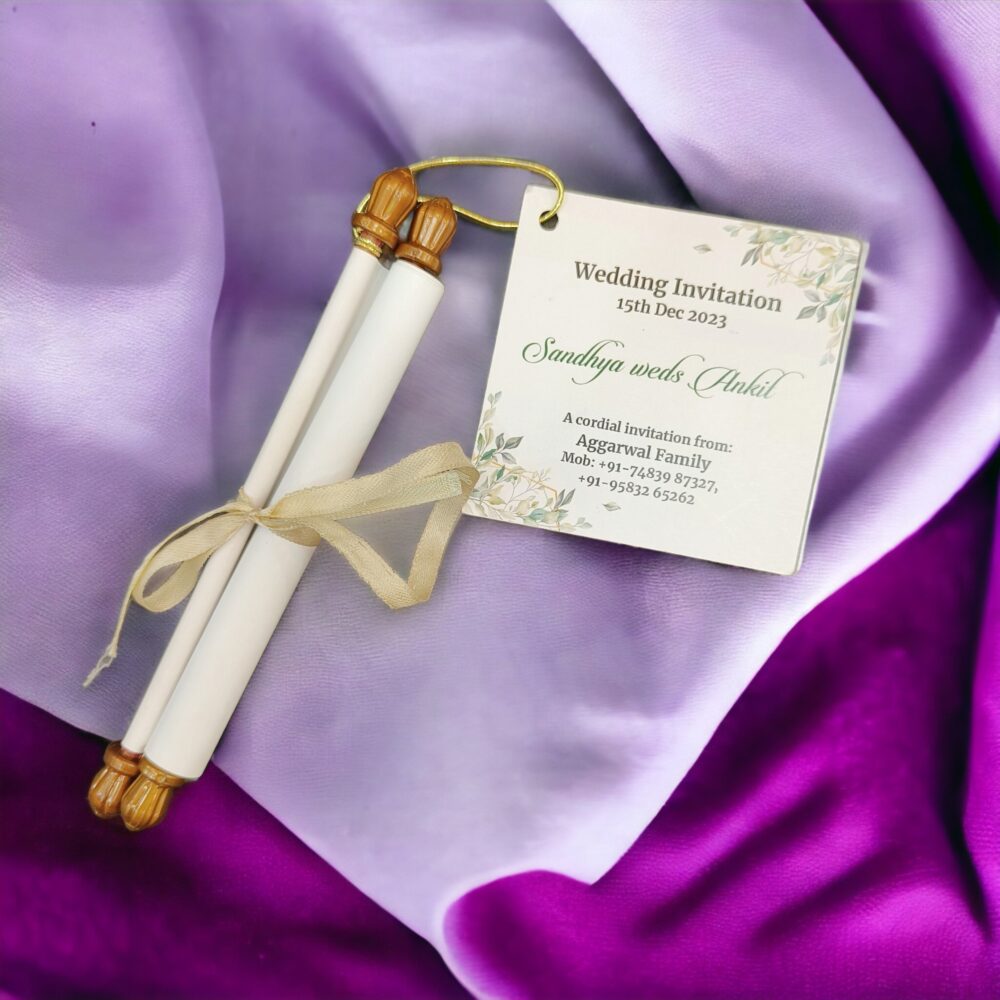 KL2094 Paper Scroll Wedding Card with Tag - Kalash Cards