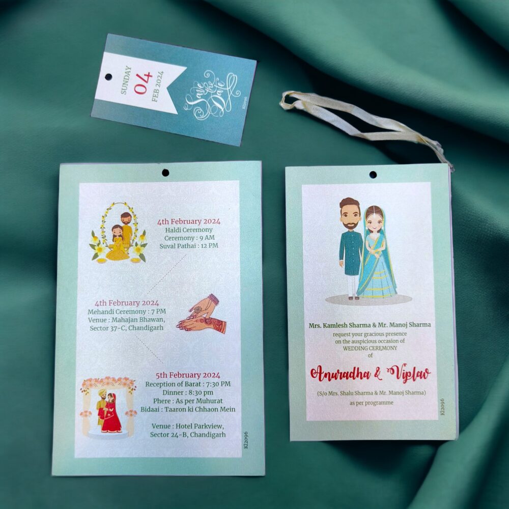 KL2096R Luxury Paper Wedding Card with Tag and Ribbon - Kalash Cards