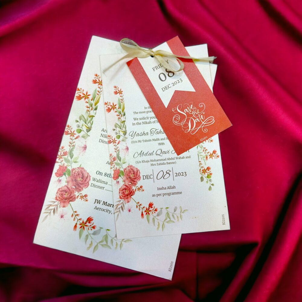 KL2101R Luxury Paper Wedding Card with Tag and Ribbon - Kalash Cards