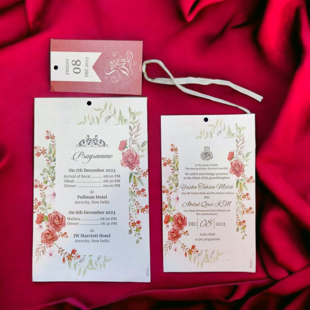 KL2101R Luxury Paper Wedding Card with Tag and Ribbon - Kalash Cards