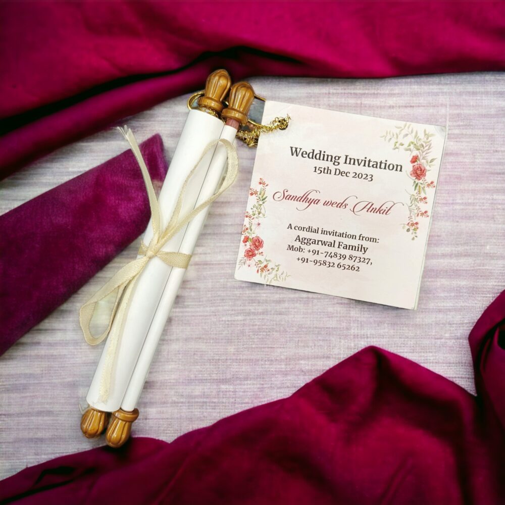 KL2101 Paper Scroll Wedding Card with Tag - Kalash Cards