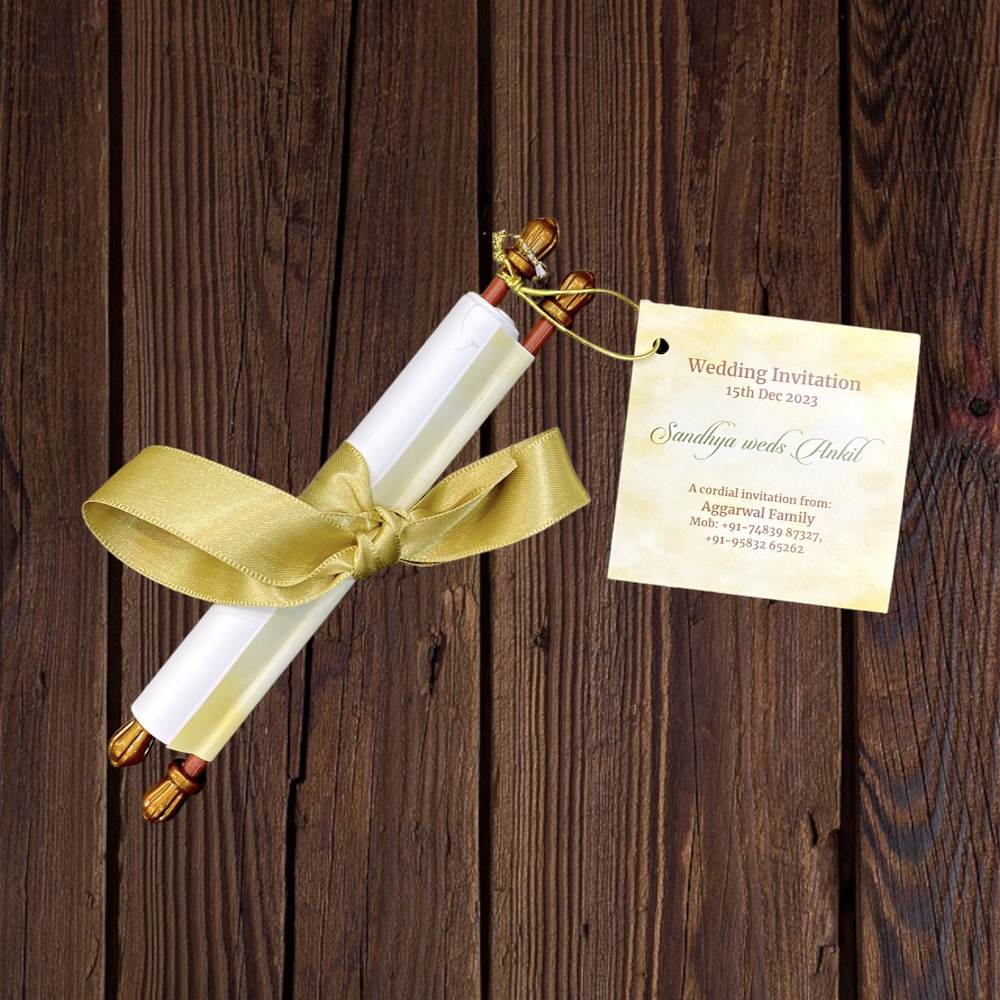 KL2105 Paper Scroll Wedding Card with Tag - Kalash Cards