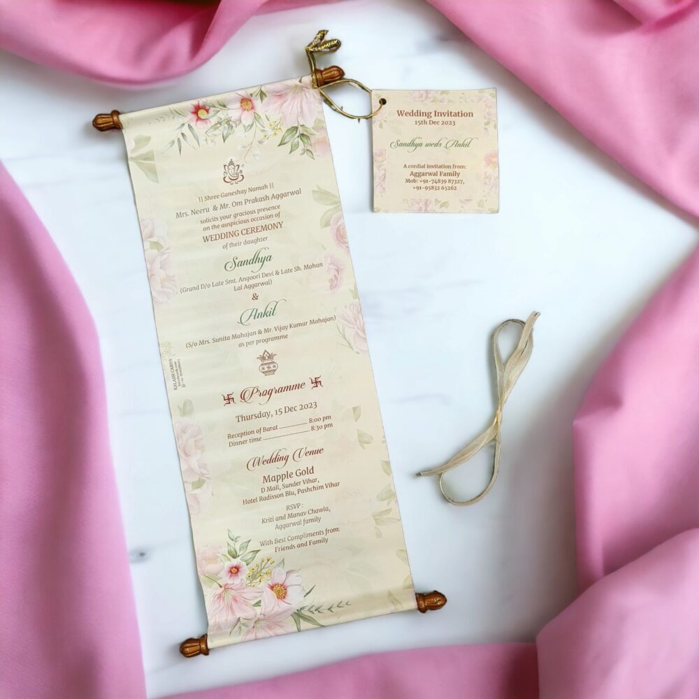 KL2107 Paper Scroll Wedding Card with Tag - Kalash Cards