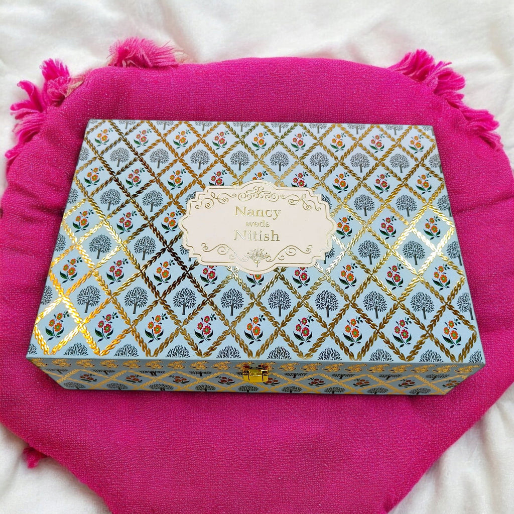 KL2109 Floral Damask Design MDF Wedding Gift Box with Customisable 2 Gold Foil Printed Cards and Ganpati Murti (2 Jars) - Kalash Cards