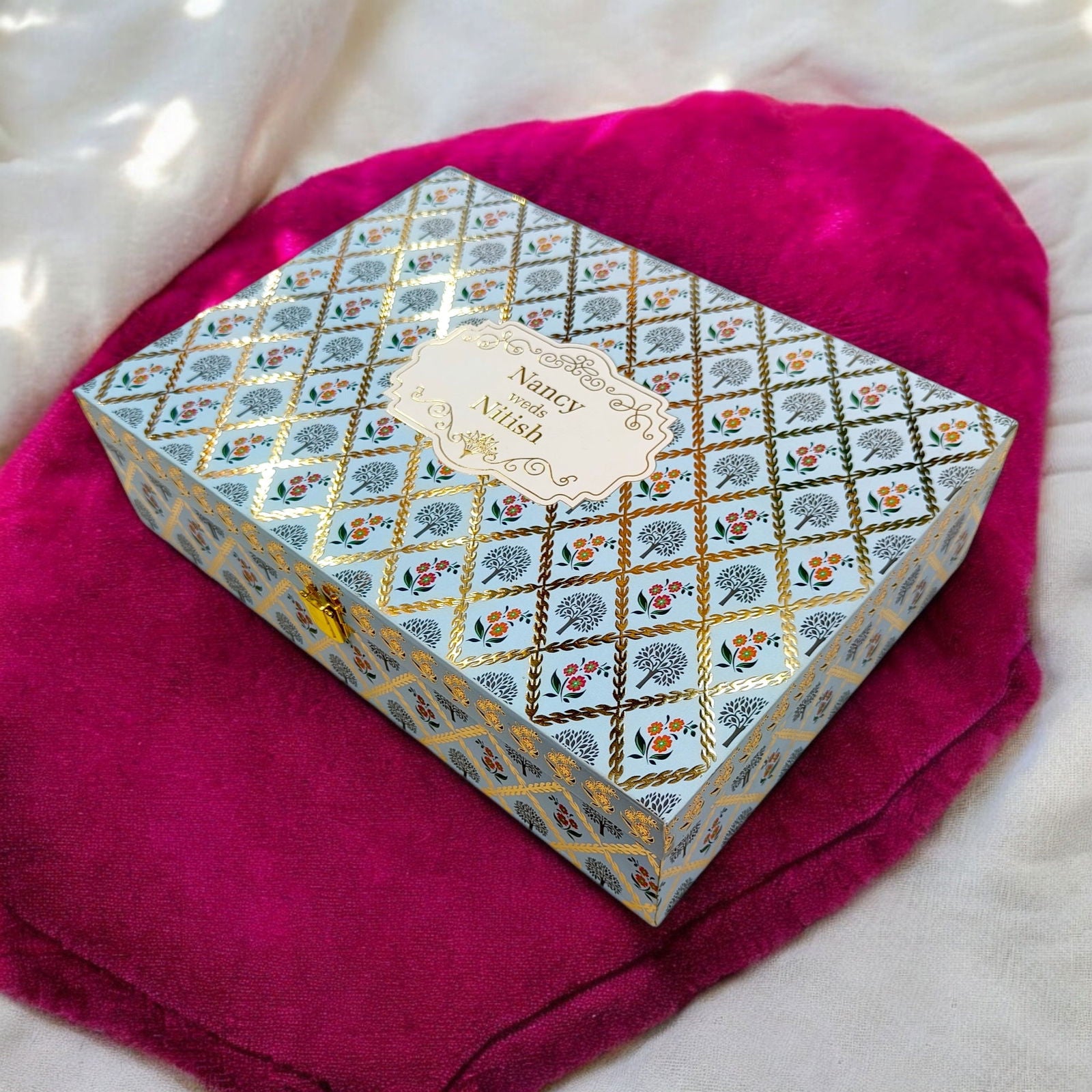 KL2109 Floral Damask Design MDF Wedding Gift Box with Customisable 2 Gold Foil Printed Cards and Ganpati Murti (2 Jars) - Kalash Cards