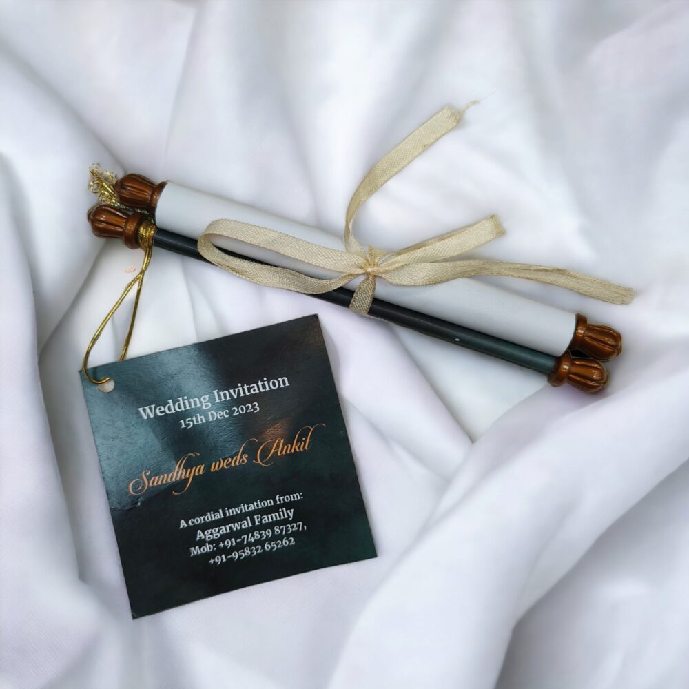 KL2121 Paper Scroll Wedding Card with Tag - Kalash Cards