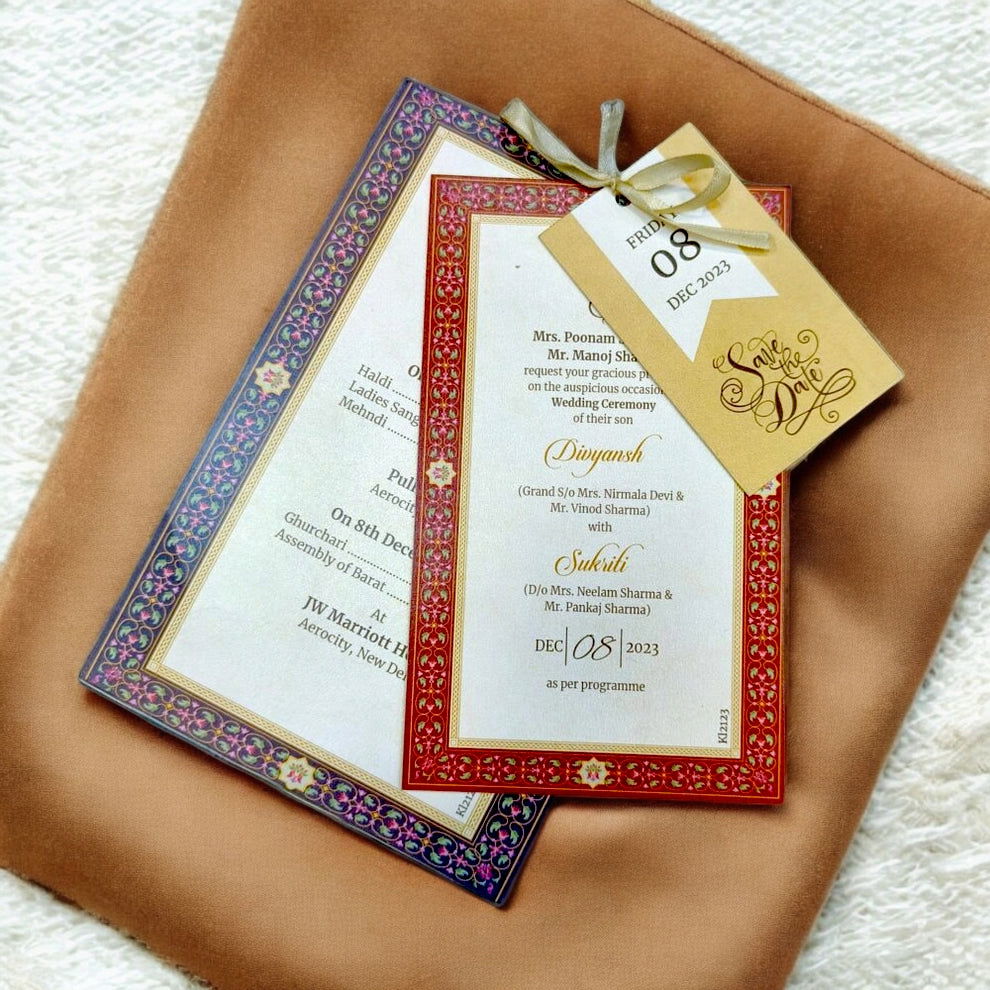 KL2123R Luxury Paper Wedding Card with Tag and Ribbon - Kalash Cards