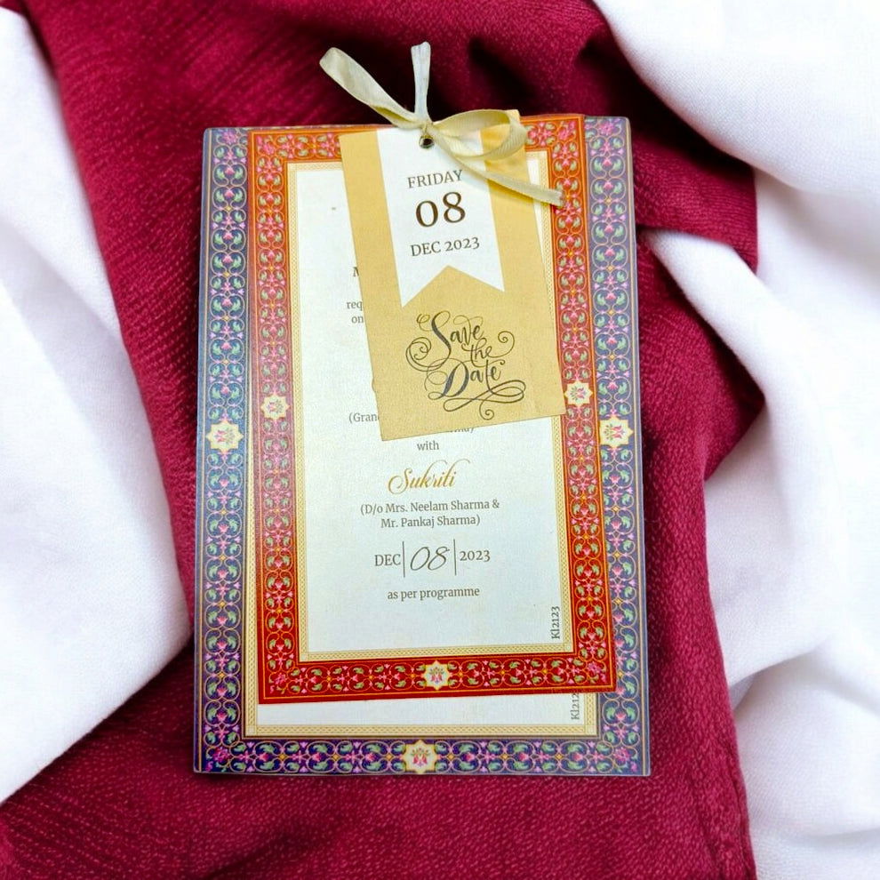KL2123R Luxury Paper Wedding Card with Tag and Ribbon - Kalash Cards