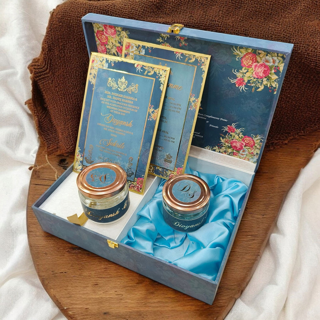 KL2136 Royal Fort Design MDF Wedding Gift Box with Customisable 2 Gold Foil Printed Cards (2 Jars) - Kalash Cards