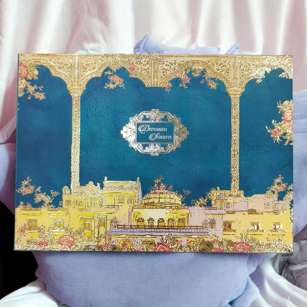 KL2136 Royal Fort Design MDF Wedding Gift Box with Customisable 2 Gold Foil Printed Cards (2 Jars) - Kalash Cards
