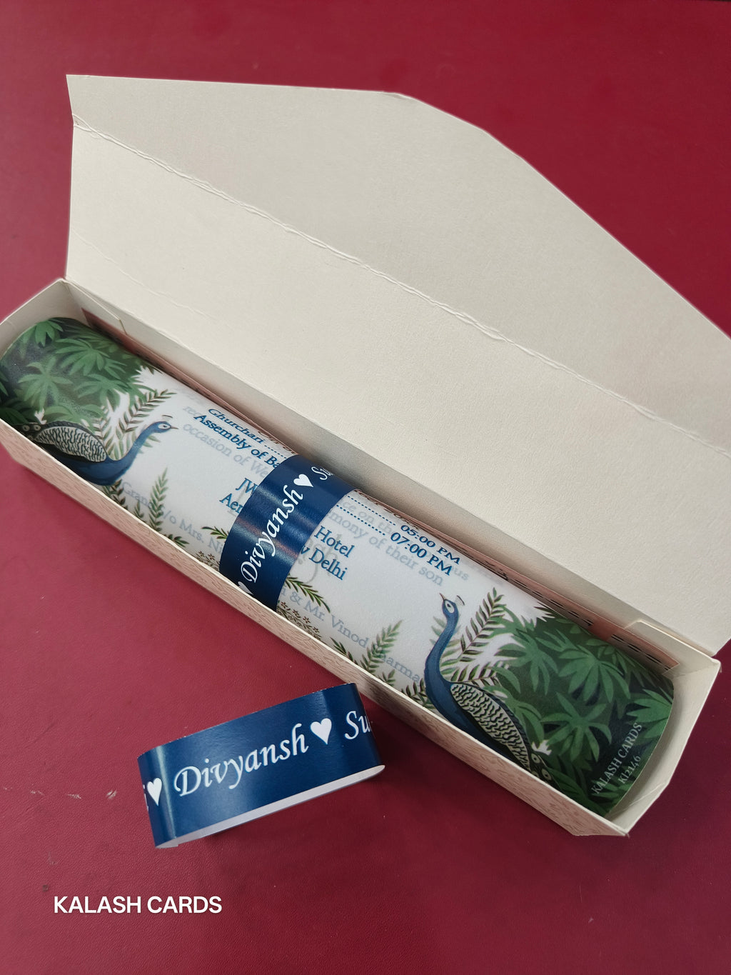 KL2146 Luxury Translucent Scroll Wedding Card with Matching Box Cover and Personalised Band-Kalash Cards