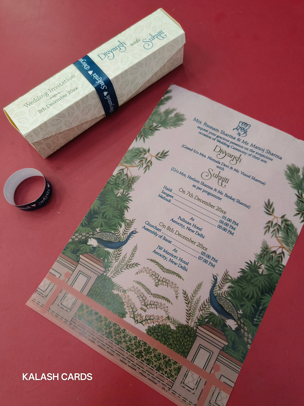 KL2146 Luxury Translucent Scroll Wedding Card with Matching Box Cover and Personalised Band-Kalash Cards