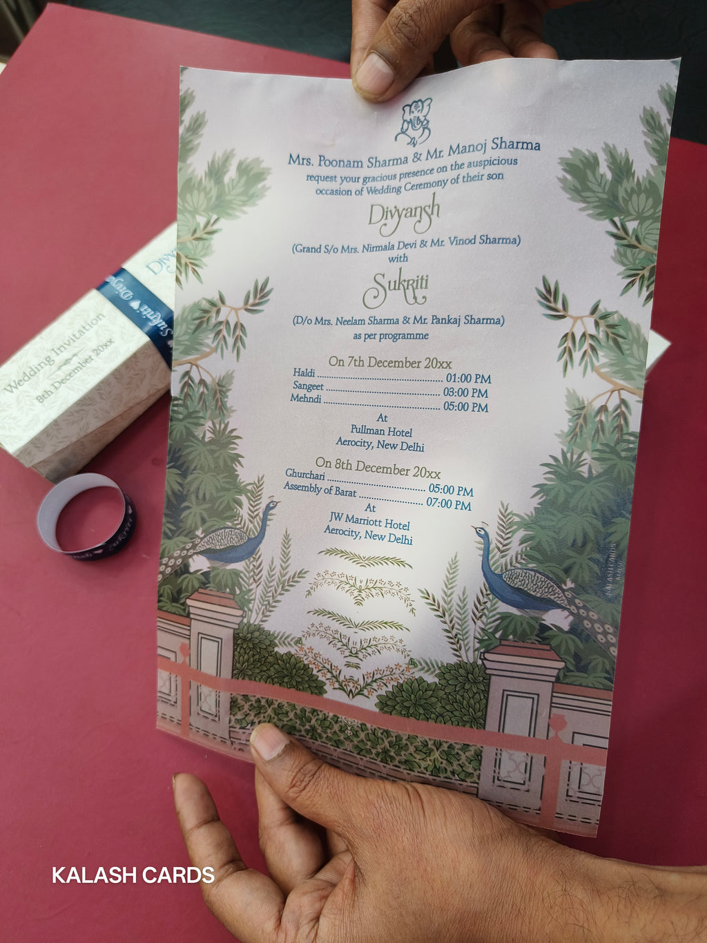 KL2146 Luxury Translucent Scroll Wedding Card with Matching Box Cover and Personalised Band-Kalash Cards