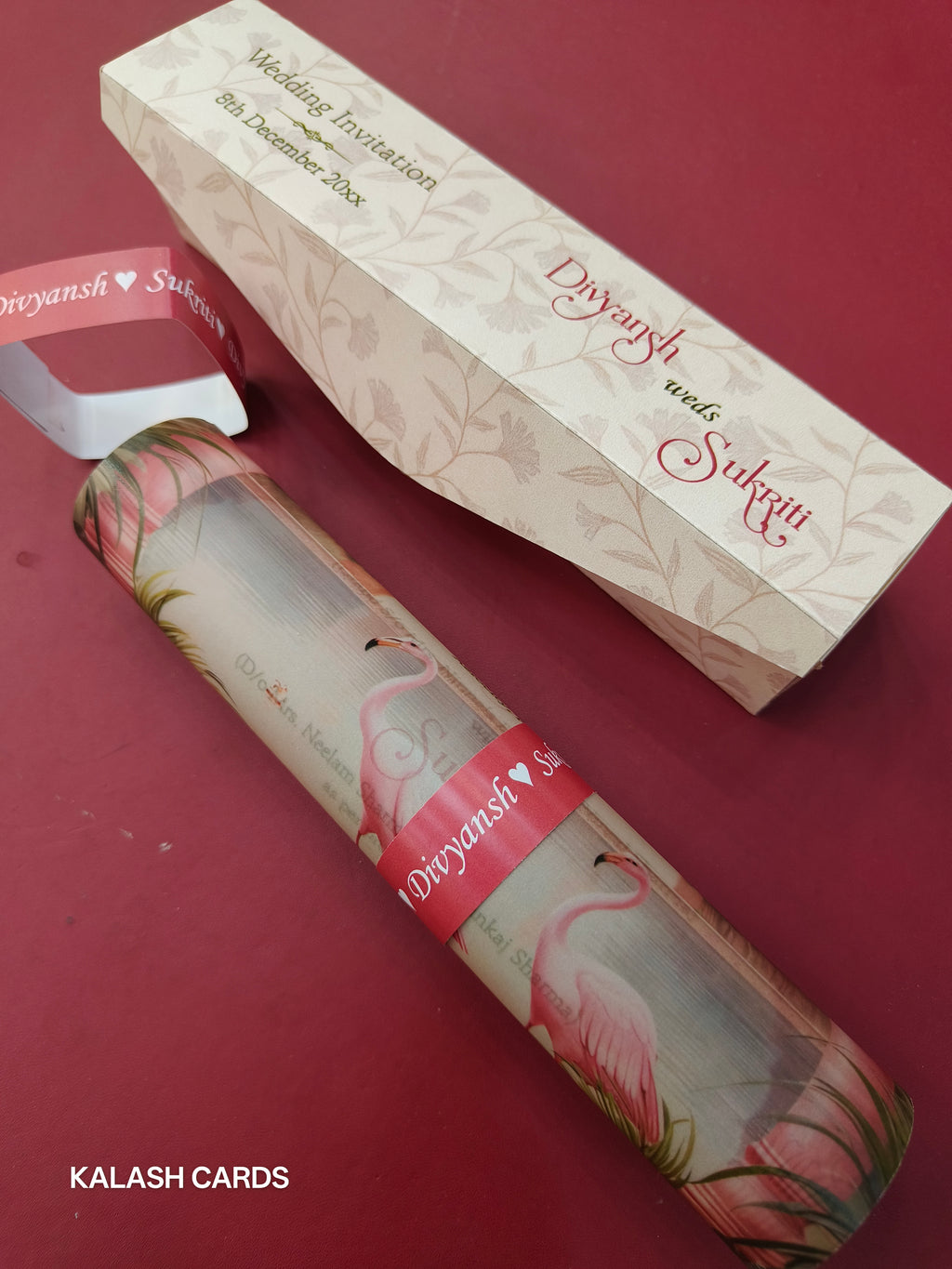 KL2147 Luxury Translucent Scroll Wedding Card with Matching Box Cover and Personalised Band-Kalash Cards