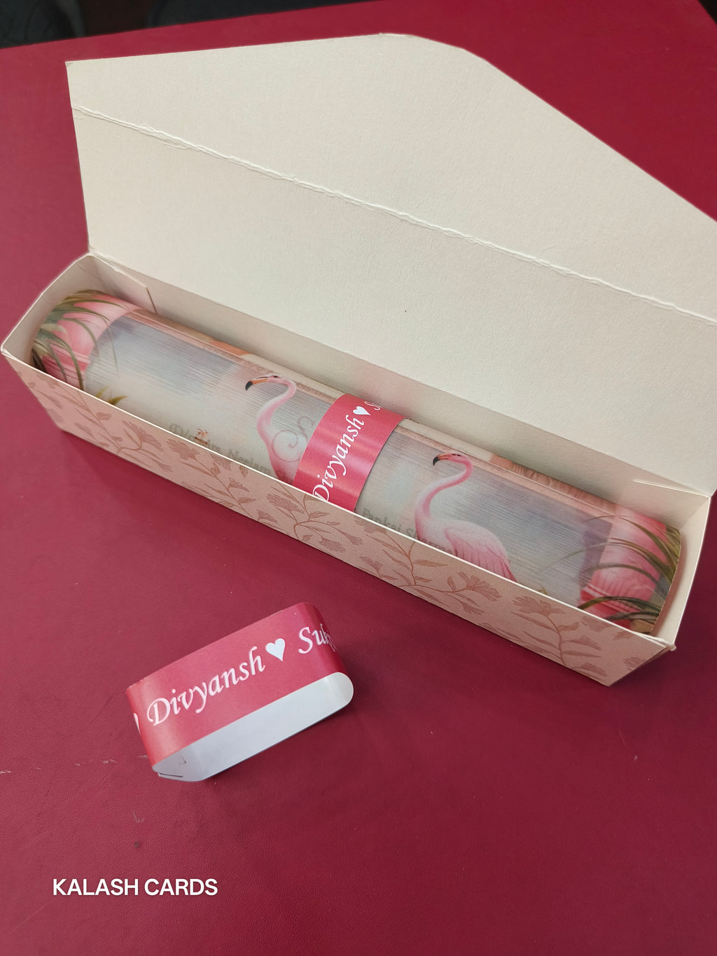 KL2147 Luxury Translucent Scroll Wedding Card with Matching Box Cover and Personalised Band-Kalash Cards