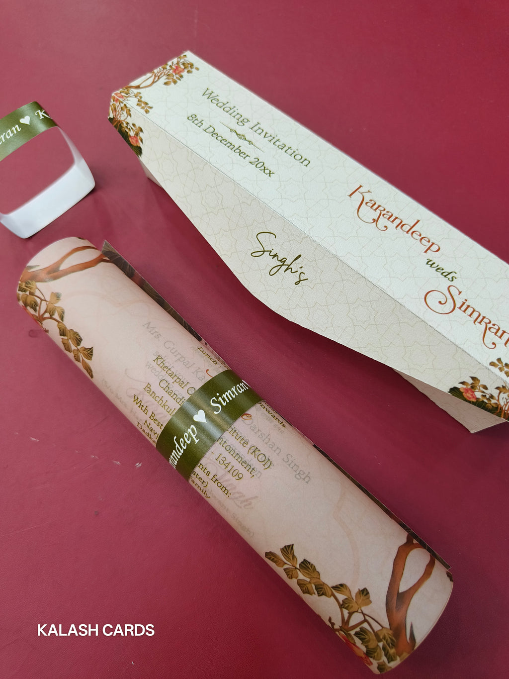 KL2149 Luxury Translucent Scroll Wedding Card with Matching Box Cover and Personalised Band-Kalash Cards