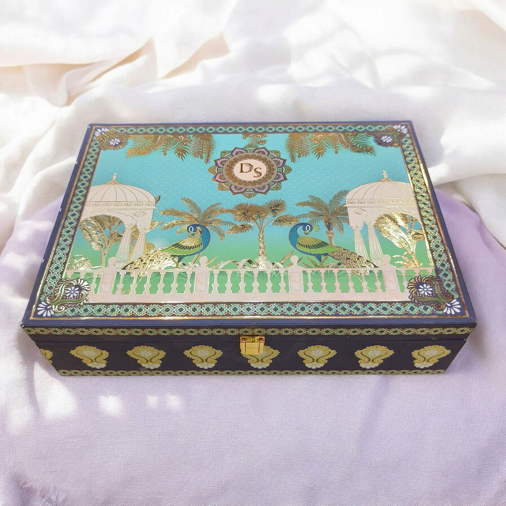 KL2163 Royal Peacock Design MDF Wedding Gift Box with Customisable 2 Gold Foil Printed Cards (2 Jars) - Kalash Cards