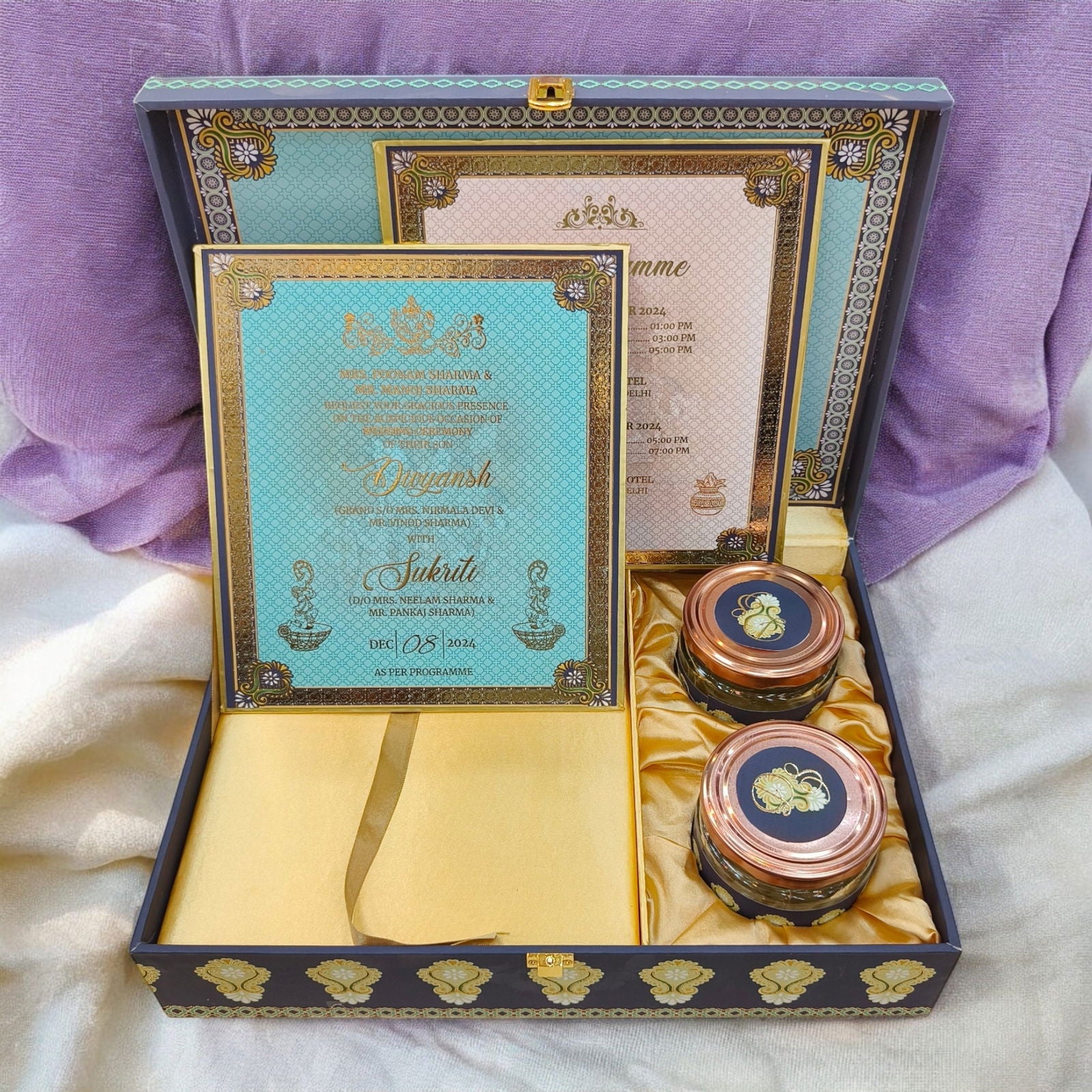 KL2163 Royal Peacock Design MDF Wedding Gift Box with Customisable 2 Gold Foil Printed Cards (2 Jars) - Kalash Cards