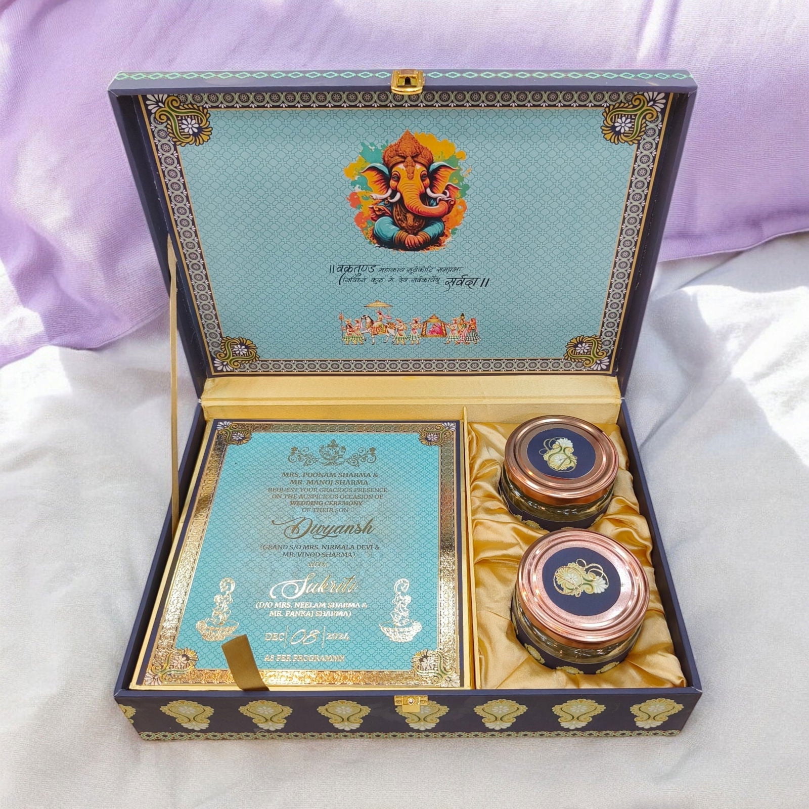 KL2163 Royal Peacock Design MDF Wedding Gift Box with Customisable 2 Gold Foil Printed Cards (2 Jars) - Kalash Cards